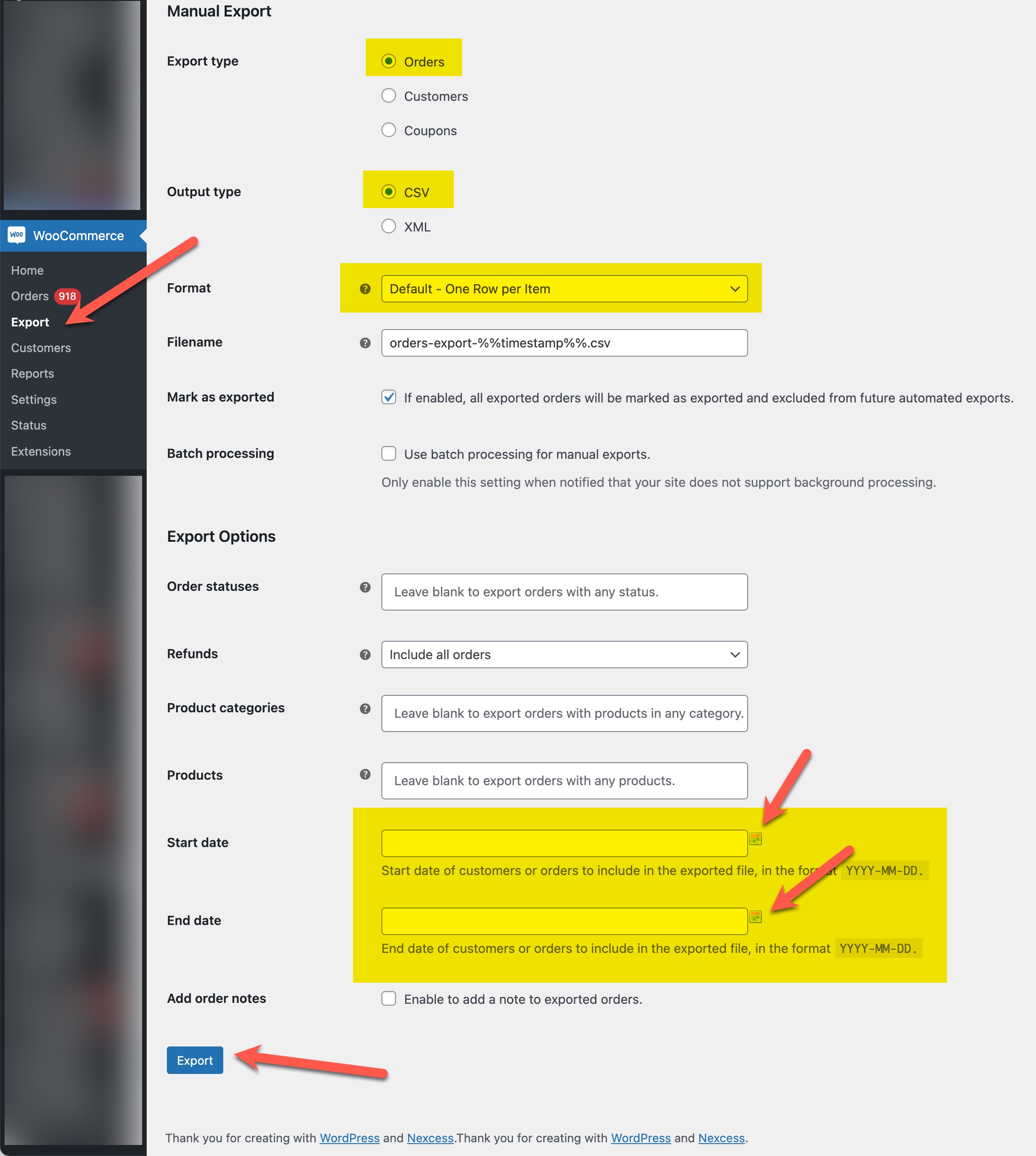 Screenshot of WooCommerce Export settings